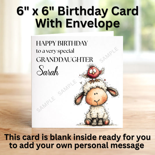 Cute Sheep And Bird Personalised Birthday Card