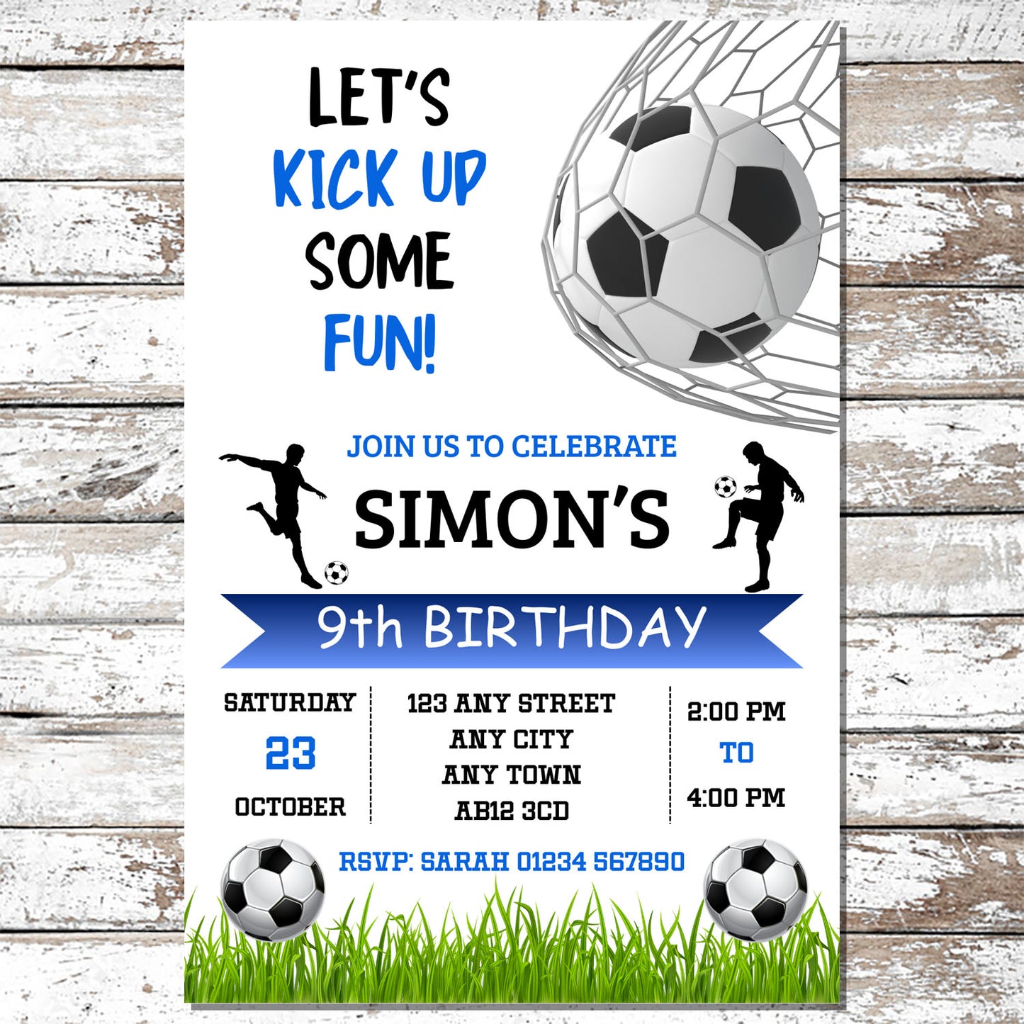 10 Blue Personalised Football Party Invitations With Envelopes