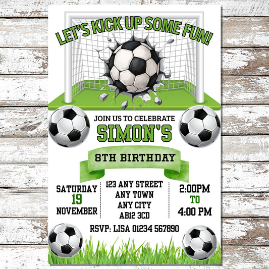 10 Personalised Green Football Party Invitations With Envelopes