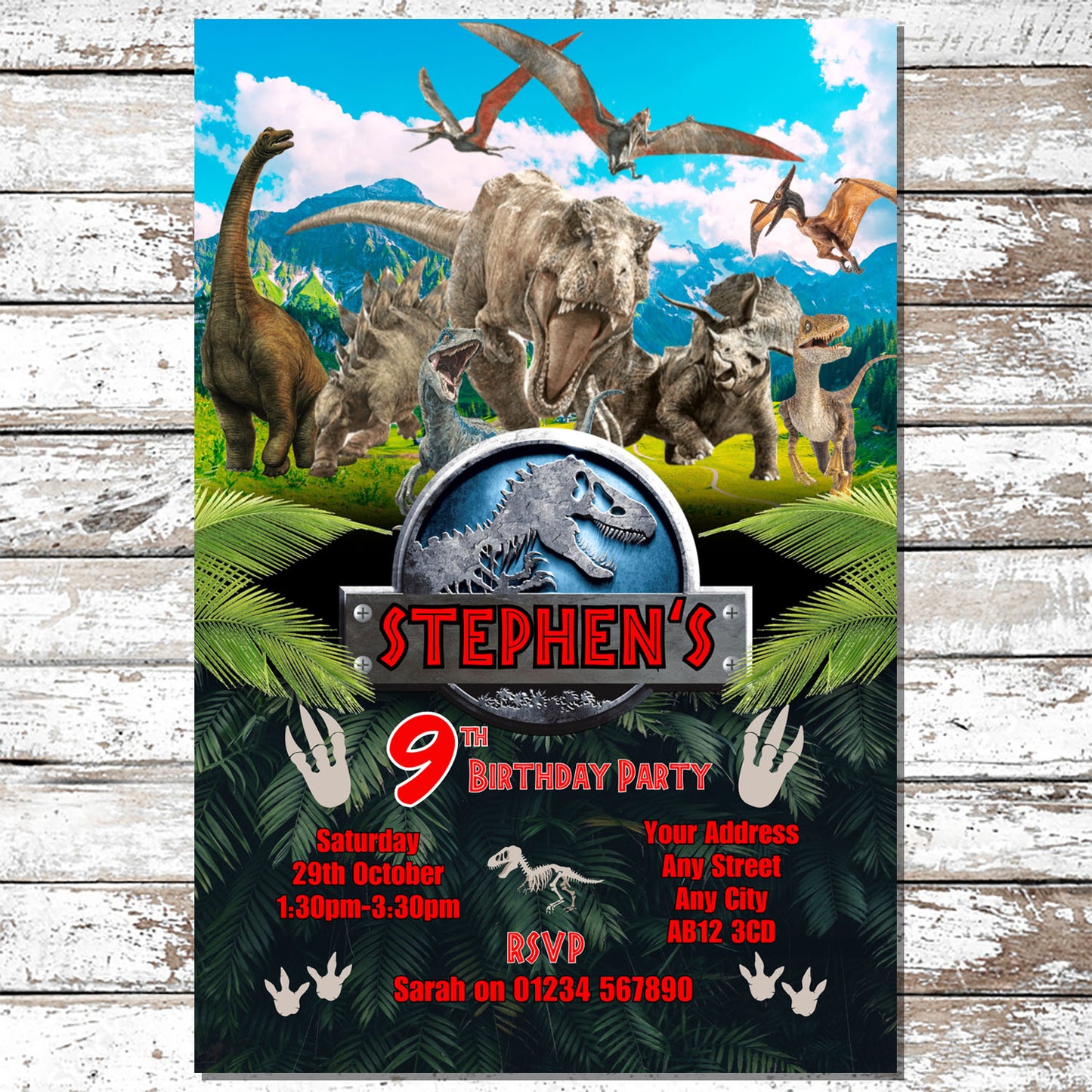 10 Personalised Jurassic Park Party Invitations With Envelopes