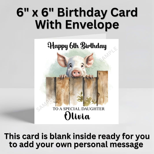 Pig Looking Over A Fence Personalised Birthday Card