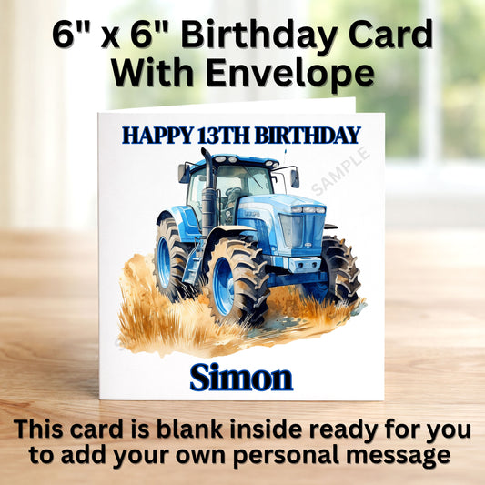 Blue Farm Tractor Personalised Birthday Card