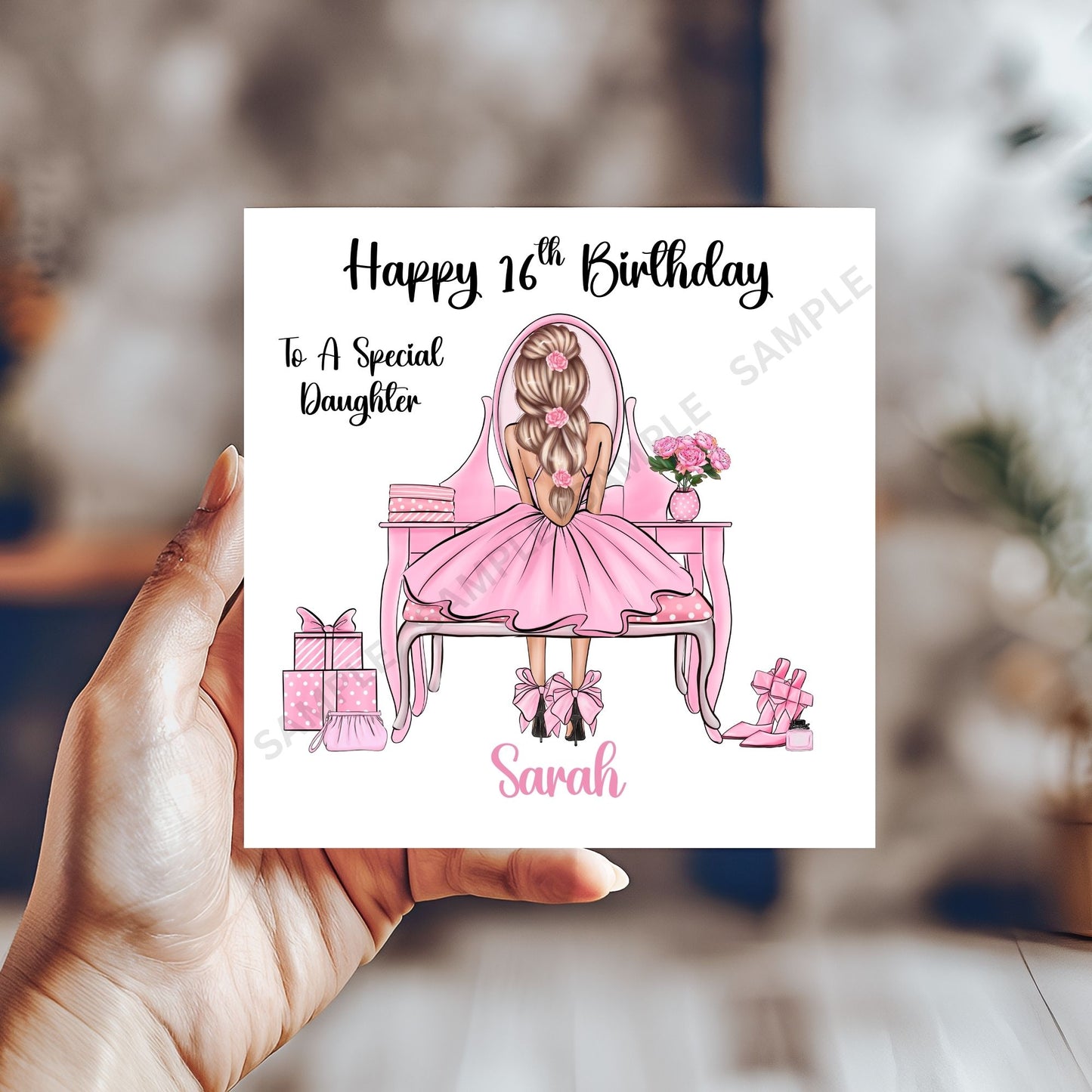 Girl At Vanity Desk Elegant Illustration Personalised Birthday Card