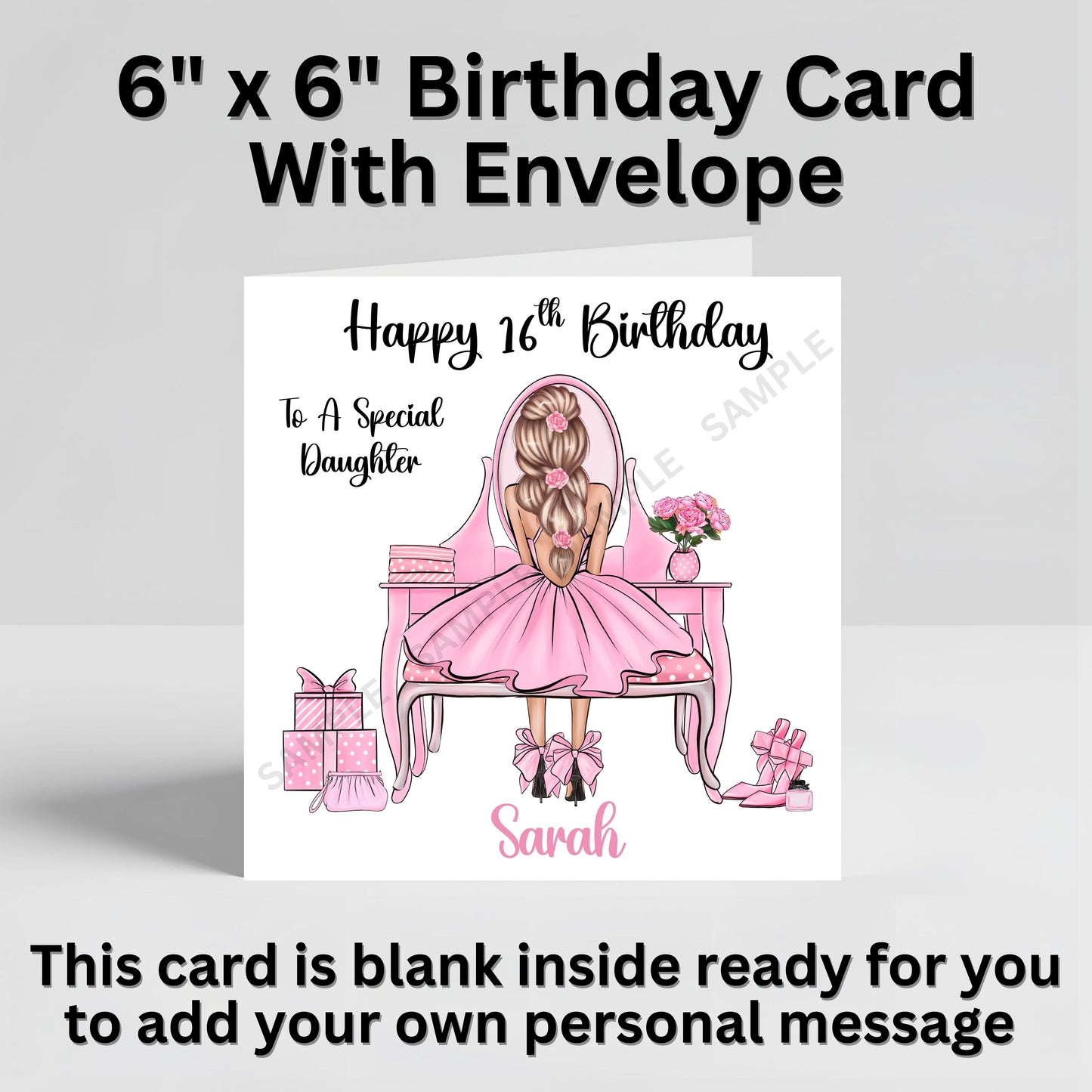 Girl At Vanity Desk Elegant Illustration Personalised Birthday Card