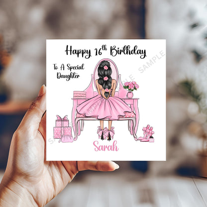 Girl At Vanity Desk Elegant Illustration Personalised Birthday Card
