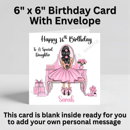 Girl At Vanity Desk Elegant Illustration Personalised Birthday Card