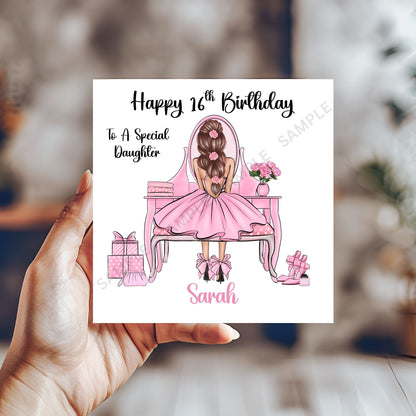 Girl At Vanity Desk Elegant Illustration Personalised Birthday Card