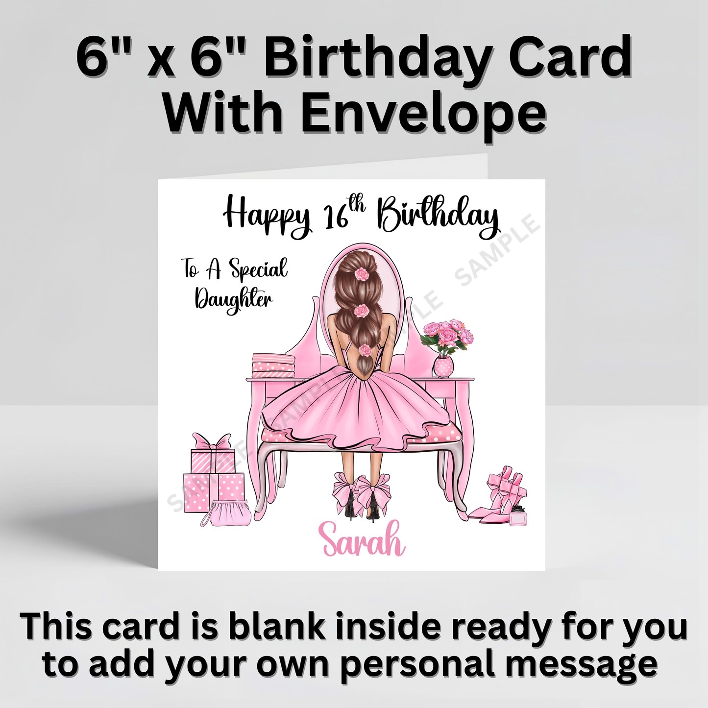Girl At Vanity Desk Elegant Illustration Personalised Birthday Card