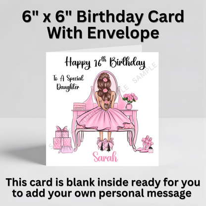 Girl At Vanity Desk Elegant Illustration Personalised Birthday Card