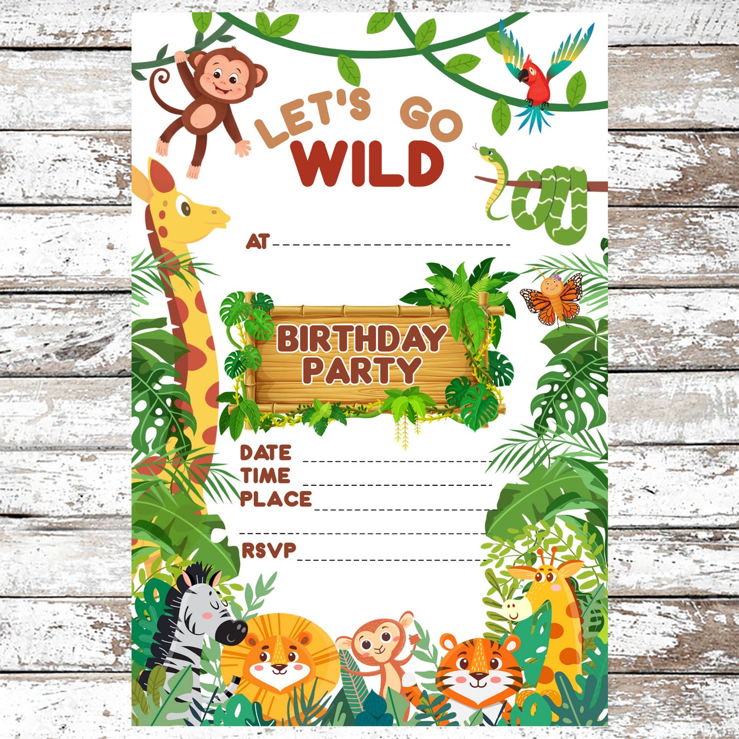 10 Jungle Animals Birthday Party Invitations With Envelopes