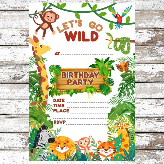 10 Jungle Animals Birthday Party Invitations With Envelopes