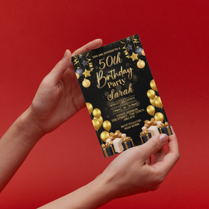 10 Personalised Black & Gold Party Any Age Invitations With Envelopes