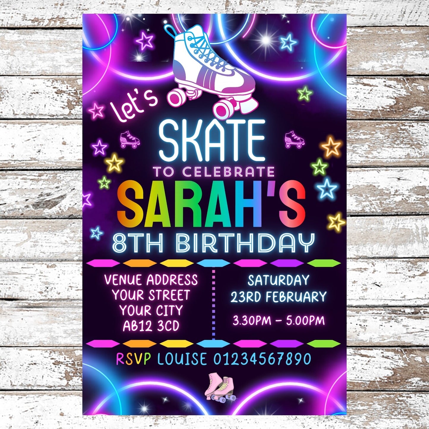 10 Personalised Neon Roller Skating Party Invitations With Envelopes