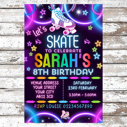 10 Personalised Neon Roller Skating Party Invitations With Envelopes