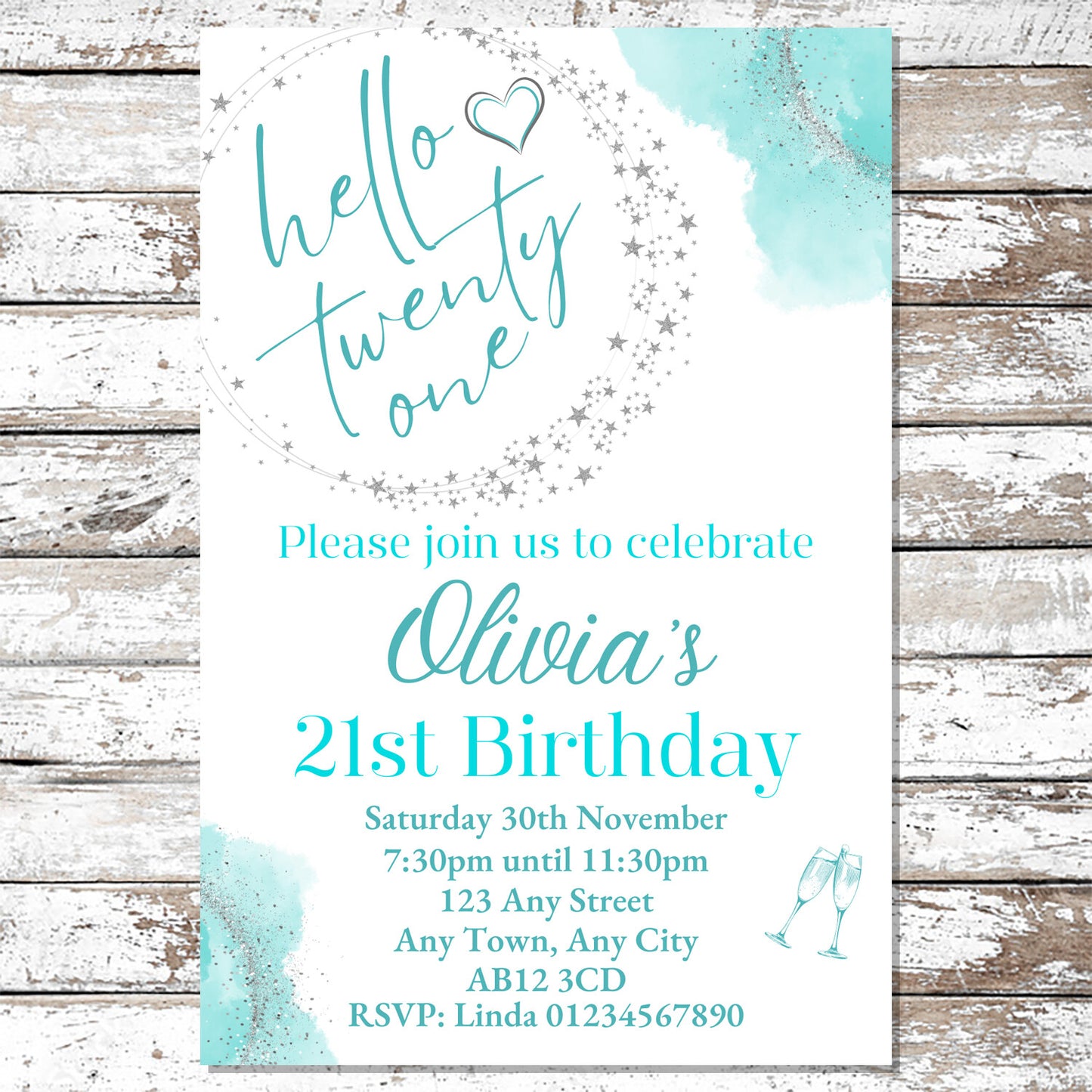 10 Personalised Turquoise Any Age Party Invitations With Envelopes