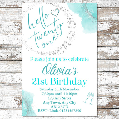 10 Personalised Turquoise Any Age Party Invitations With Envelopes