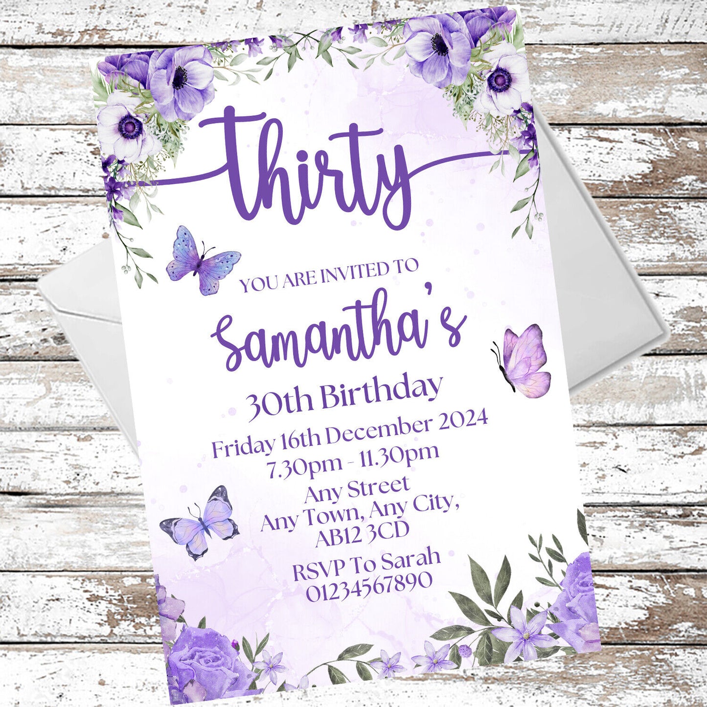 10 Personalised Purple Party Any Age Invitations With Envelopes
