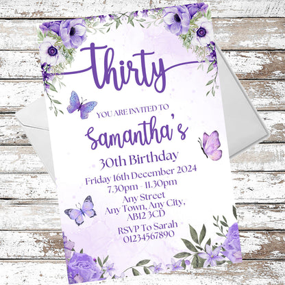 10 Personalised Purple Party Any Age Invitations With Envelopes