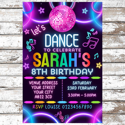10 Personalised Neon Dance Party Invitations With Envelopes