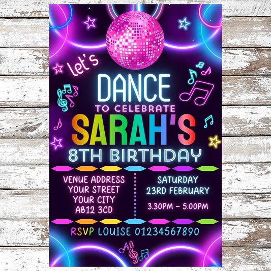 10 Personalised Neon Dance Party Invitations With Envelopes