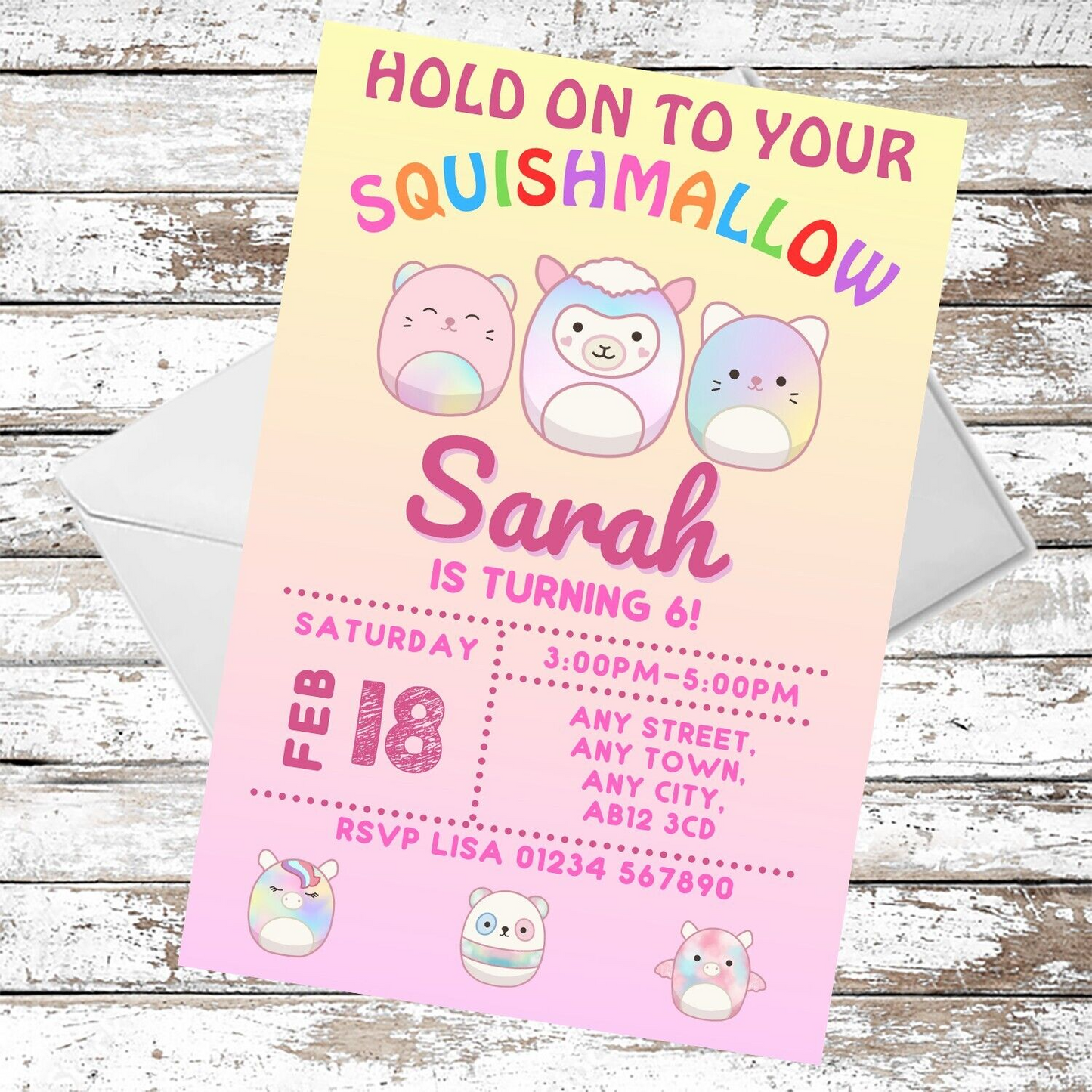 10 Personalised Squishmallow Party Invitations With Envelopes