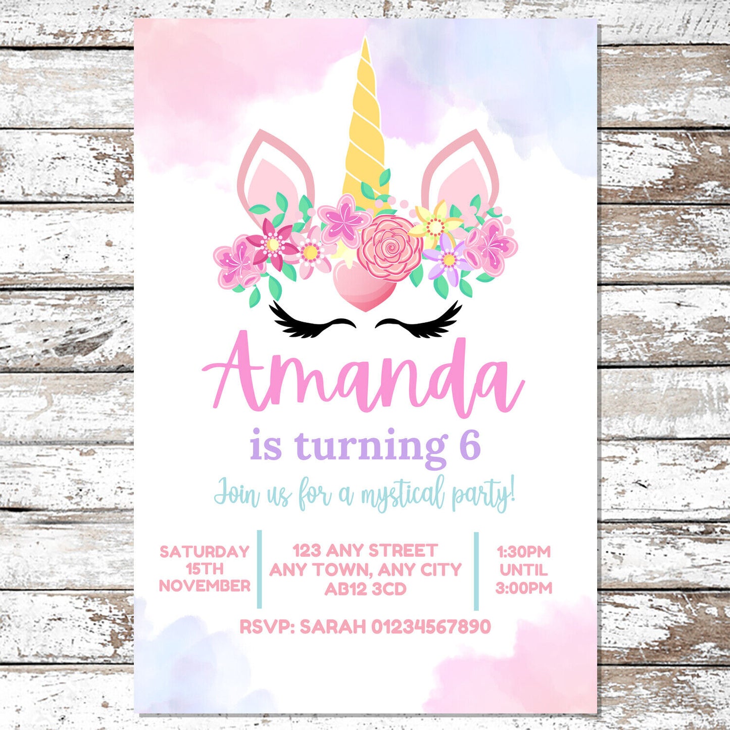 10 Personalised Unicorn Cute Party Invitations With Envelopes