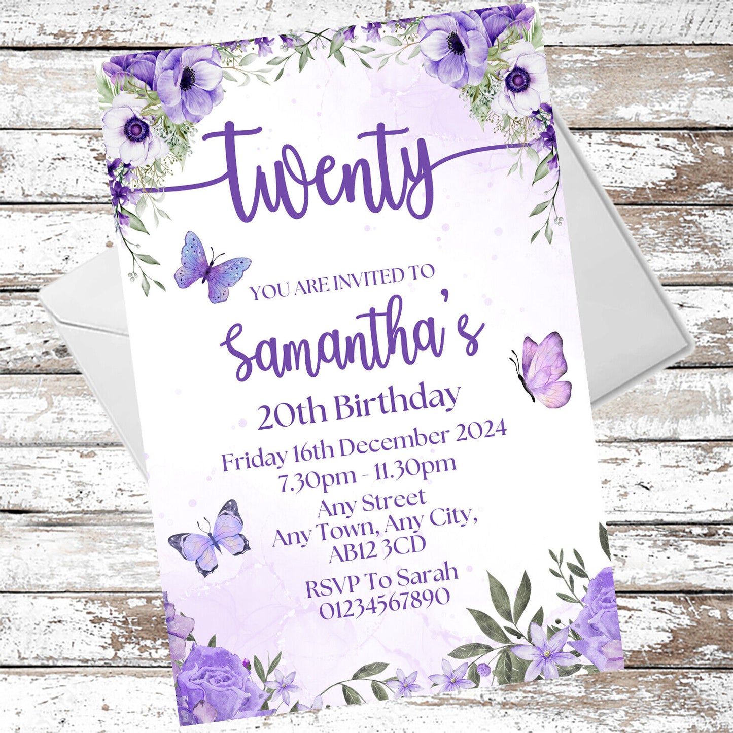 10 Personalised Purple Party Any Age Invitations With Envelopes