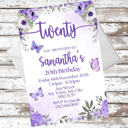 10 Personalised Purple Party Any Age Invitations With Envelopes
