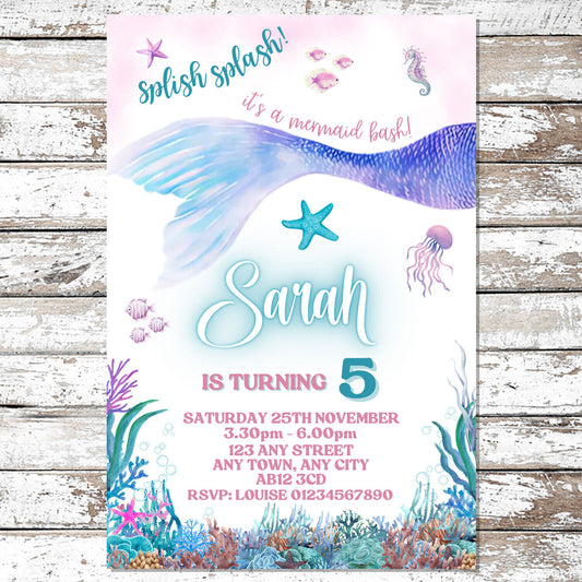 10 Personalised Lilac Mermaid Party Invitations With Envelopes