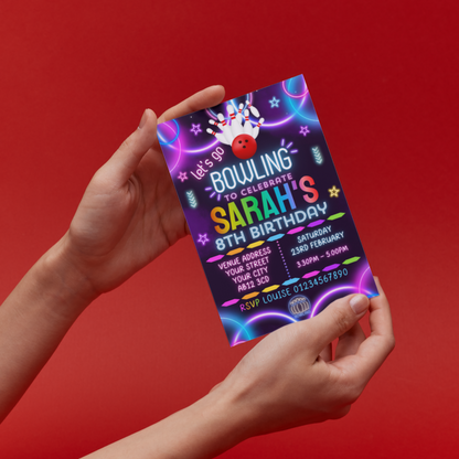 10 Personalised Neon Bowling Party Invitations With Envelopes