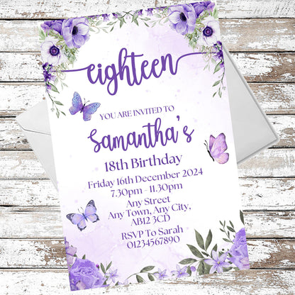 10 Personalised Purple Party Any Age Invitations With Envelopes