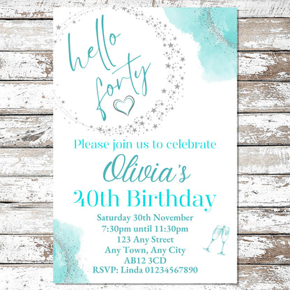 10 Personalised Turquoise Any Age Party Invitations With Envelopes
