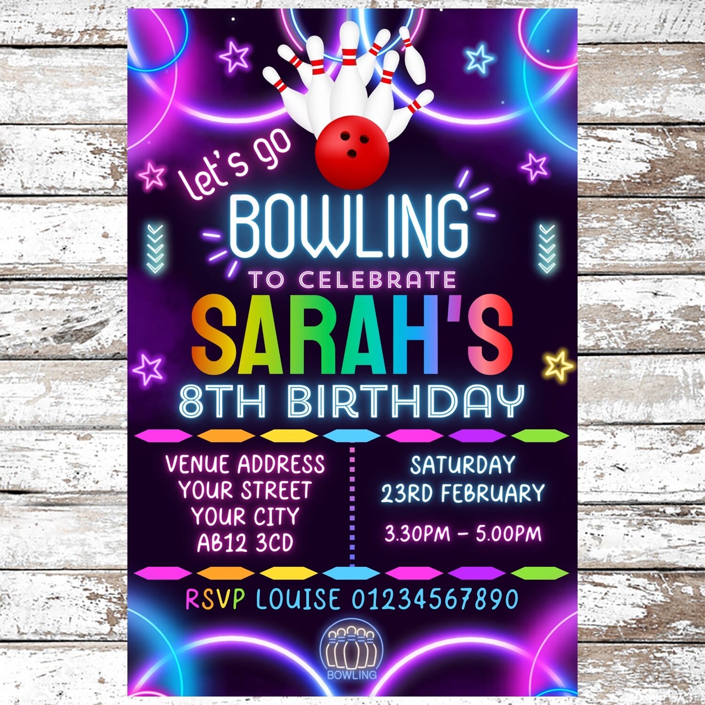 10 Personalised Neon Bowling Party Invitations With Envelopes
