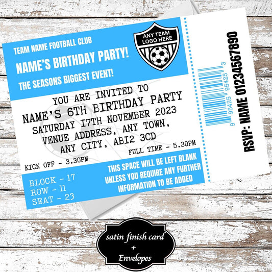 10 Personalised Football Ticket Light Blue Party Invitations With Envelopes