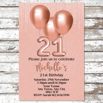 10 Personalised Rose Gold Balloons Any Age Party Invitations With Envelopes