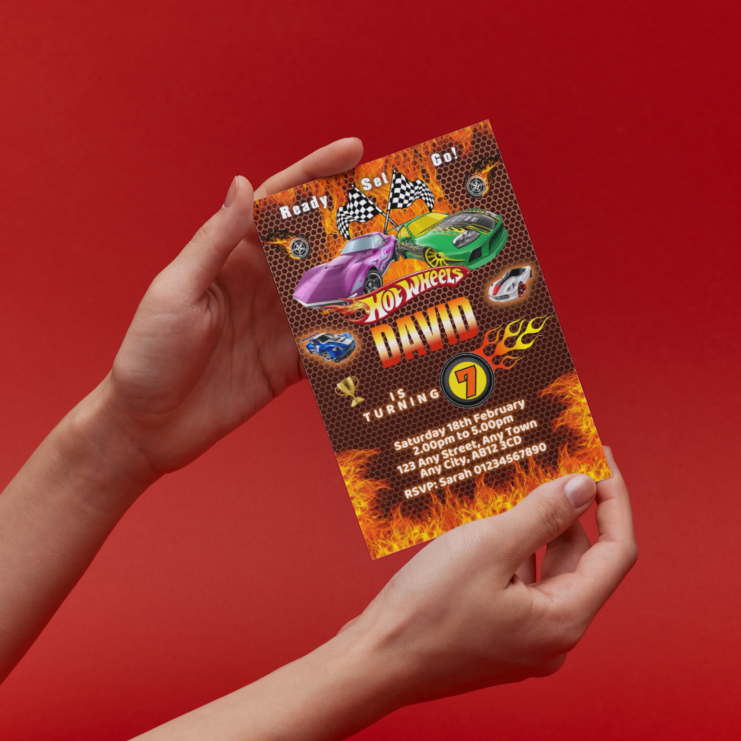 10 Personalised Hot Wheels Party Invitations With Envelopes