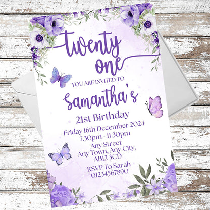 10 Personalised Purple Party Any Age Invitations With Envelopes