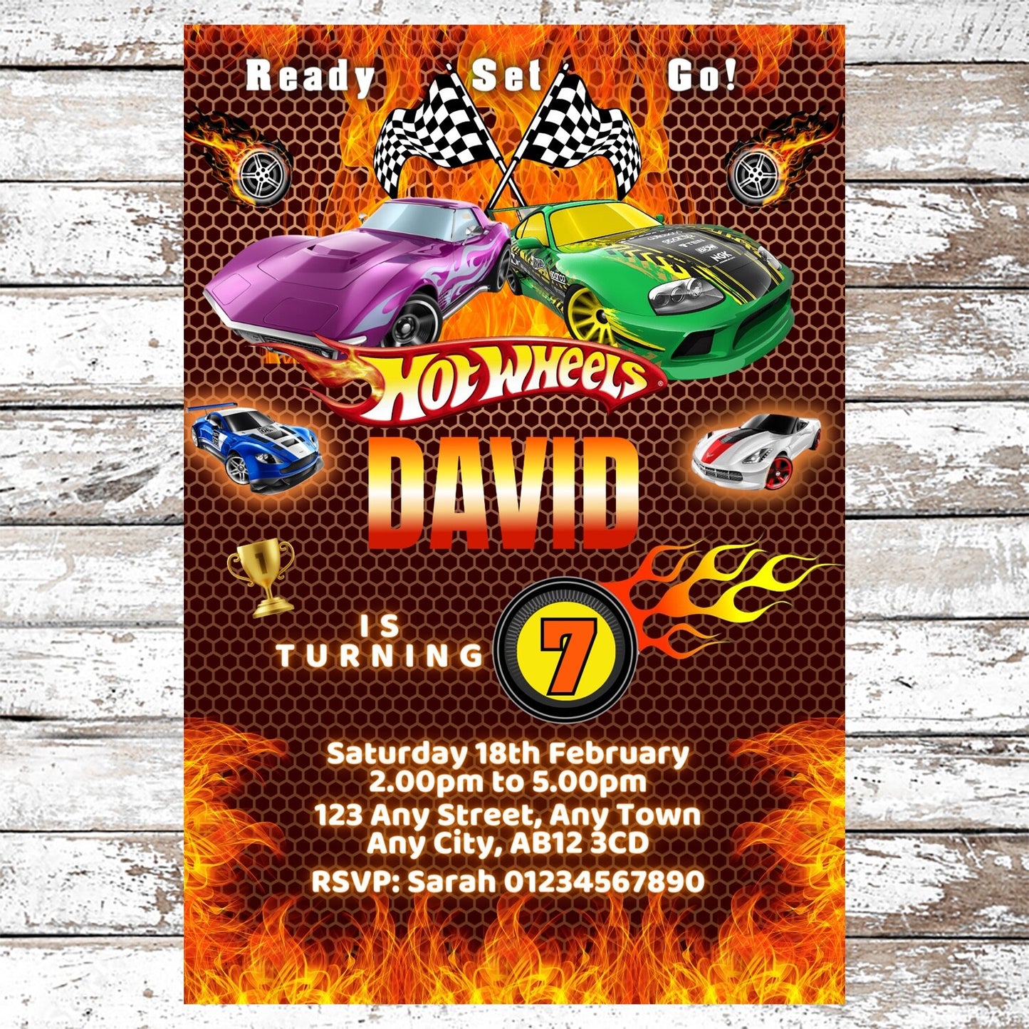 10 Personalised Hot Wheels Party Invitations With Envelopes