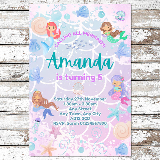 10 Personalised Cute Mermaid Party Invitations With Envelopes