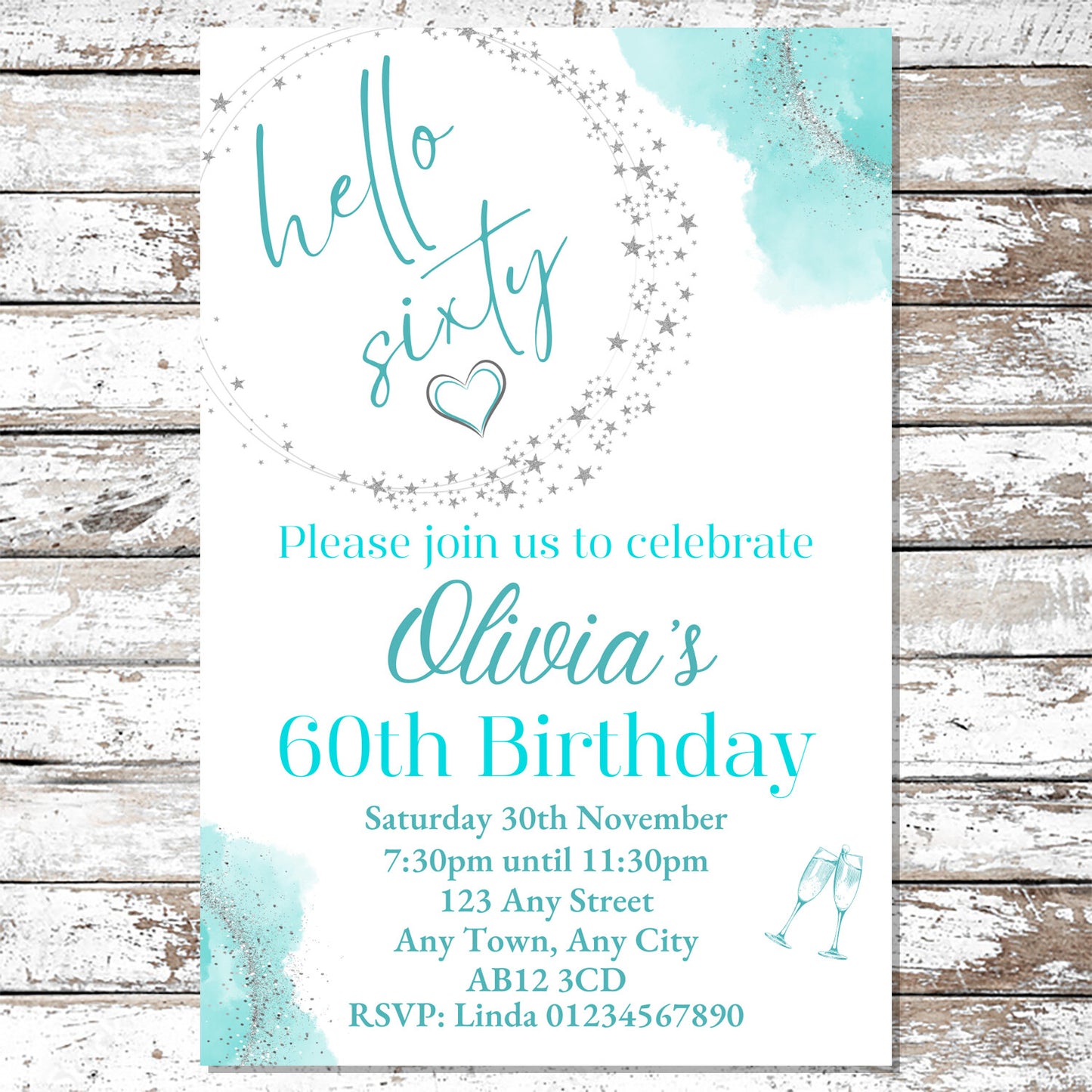 10 Personalised Turquoise Any Age Party Invitations With Envelopes