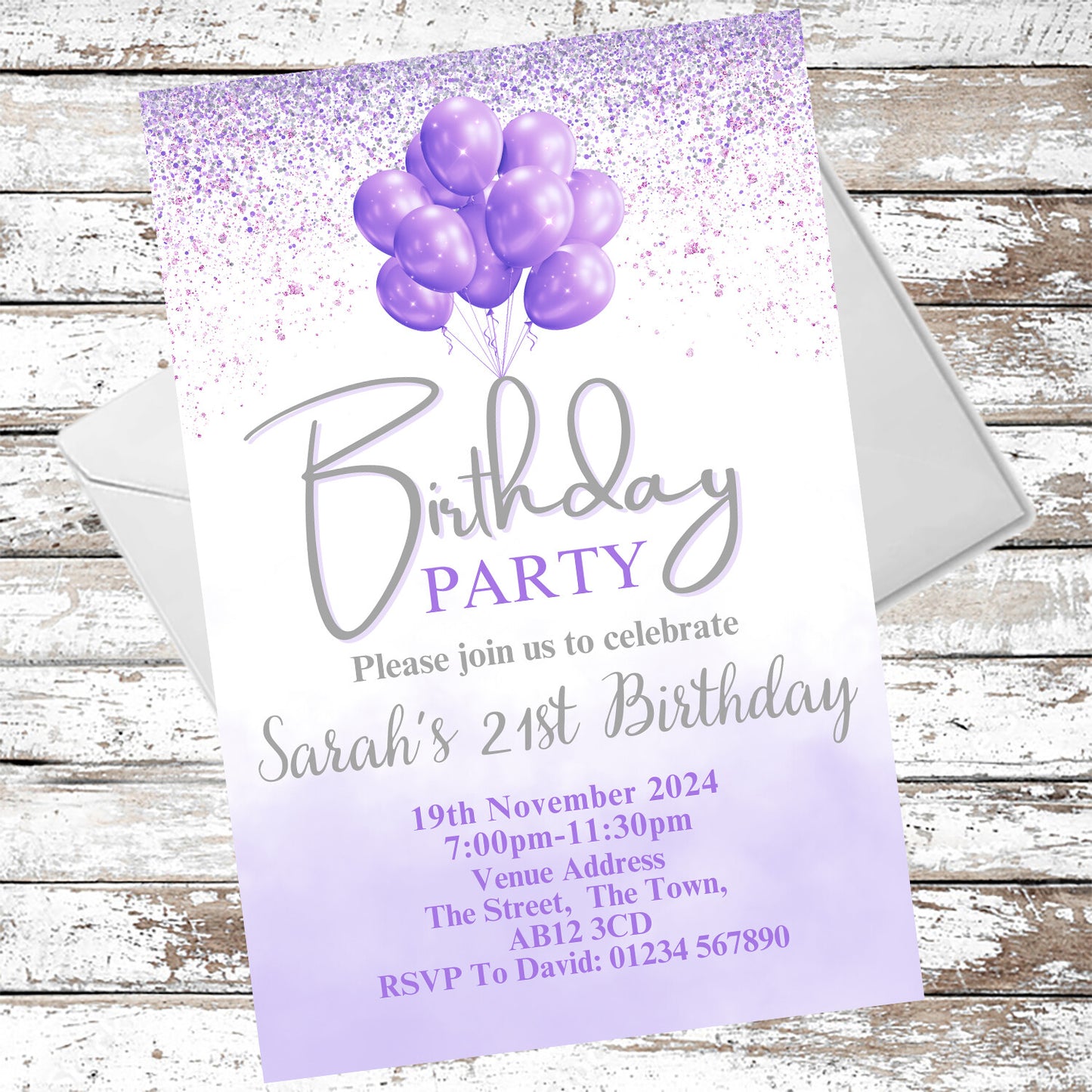 10 Personalised Purple Balloons Party Any Age Invitations With Envelopes