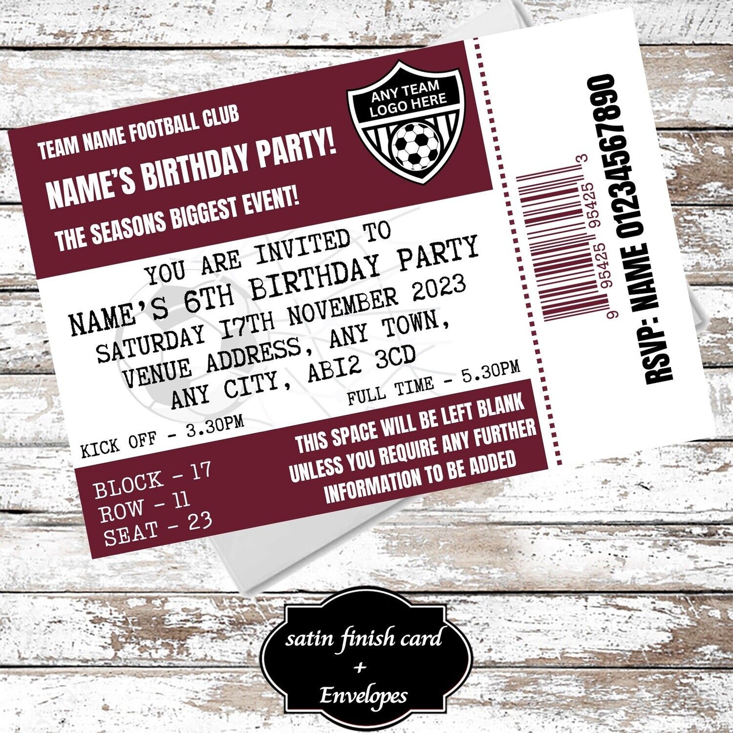 10 Personalised Football Ticket Maroon Party Invitations With Envelopes