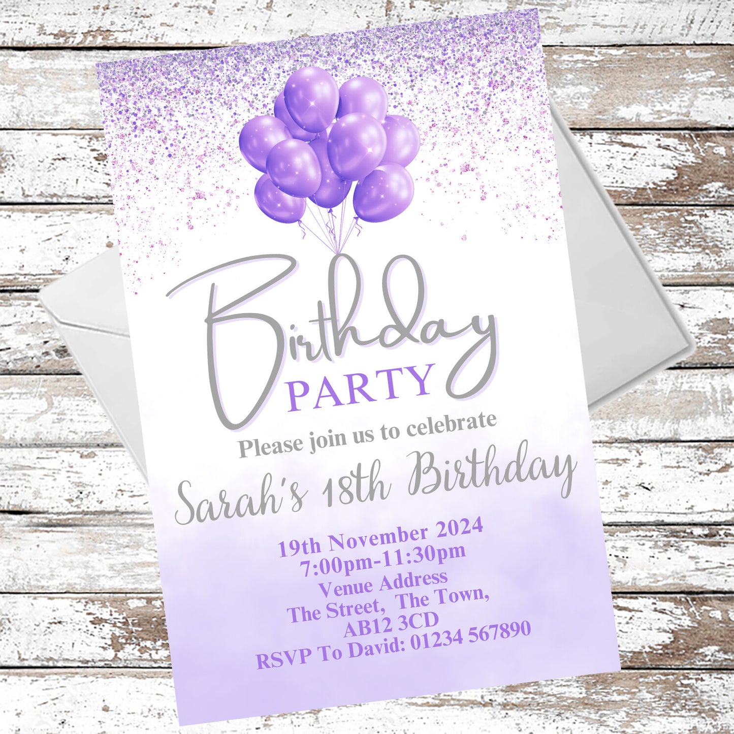 10 Personalised Purple Balloons Party Any Age Invitations With Envelopes
