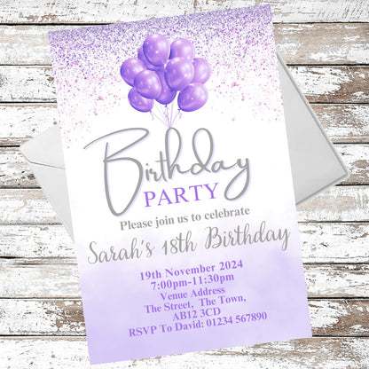 10 Personalised Purple Balloons Party Any Age Invitations With Envelopes