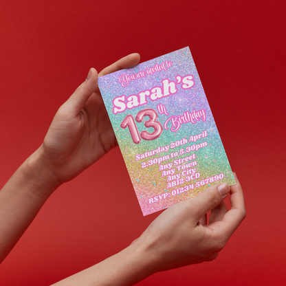 10 Personalised Rainbow Pink Party Invitations With Envelopes