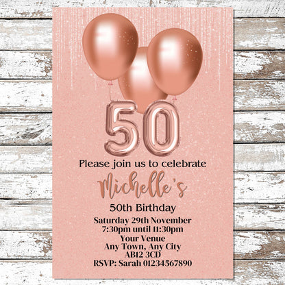 10 Personalised Rose Gold Balloons Any Age Party Invitations With Envelopes