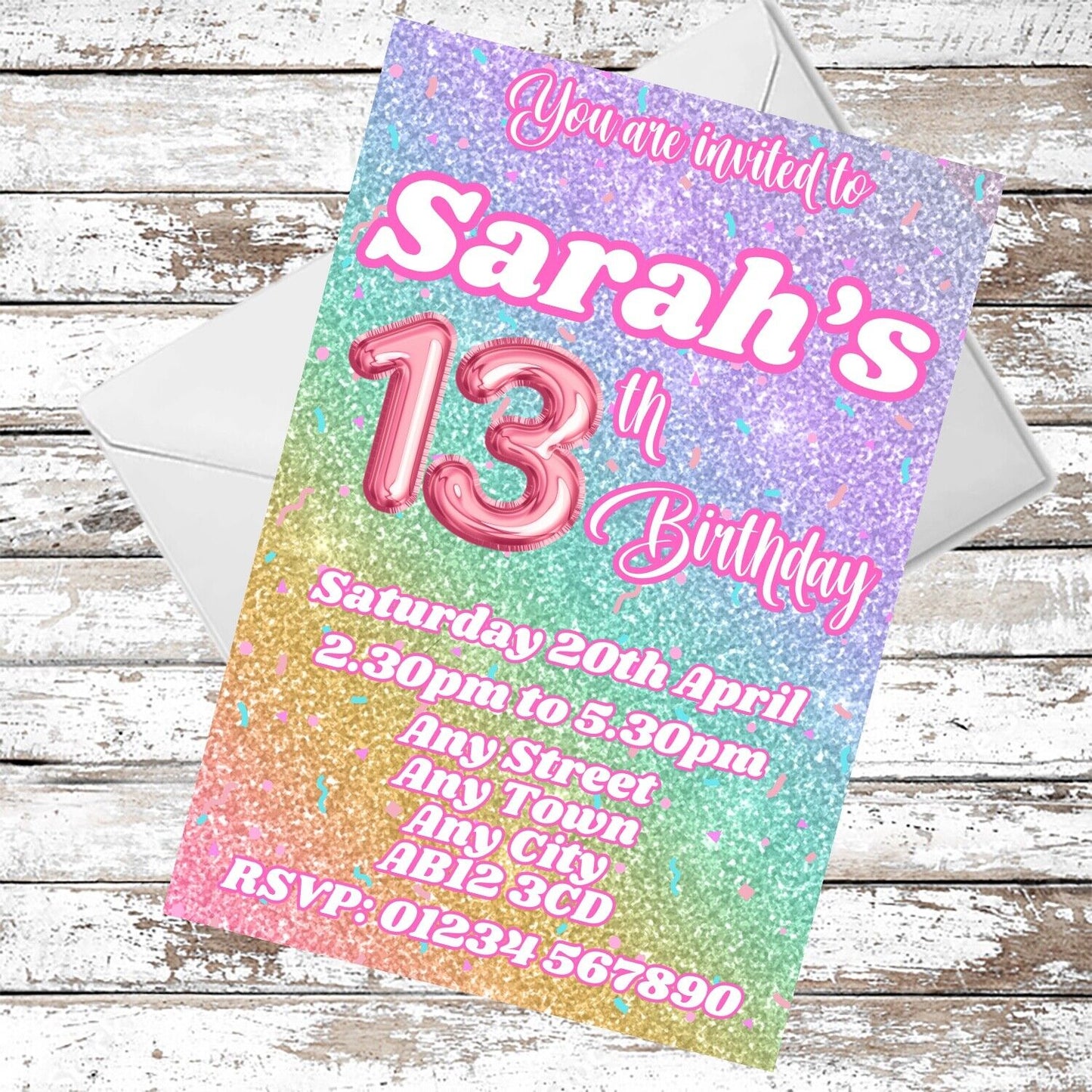 10 Personalised Rainbow Pink Party Invitations With Envelopes