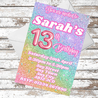 10 Personalised Rainbow Pink Party Invitations With Envelopes