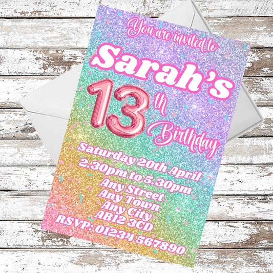 10 Personalised Rainbow Pink Party Invitations With Envelopes