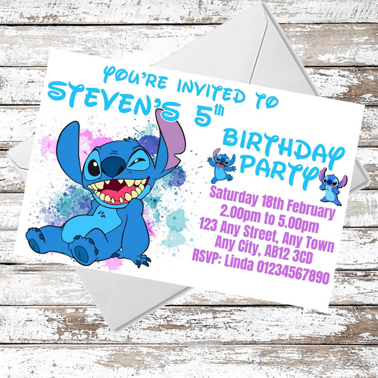 10 Personalised Stitch Theme Party Invitations With Envelopes